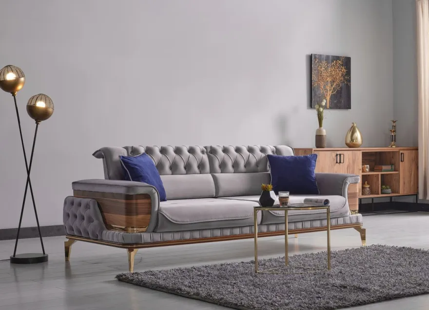 Casa Padrino Luxus Schlafsofa Grau / Braun / Gold 232 x 92 x H. 85 cm - Wohnzimmer Sofa mit 2 Kissen - Luxus Wohnzimmer Möbel