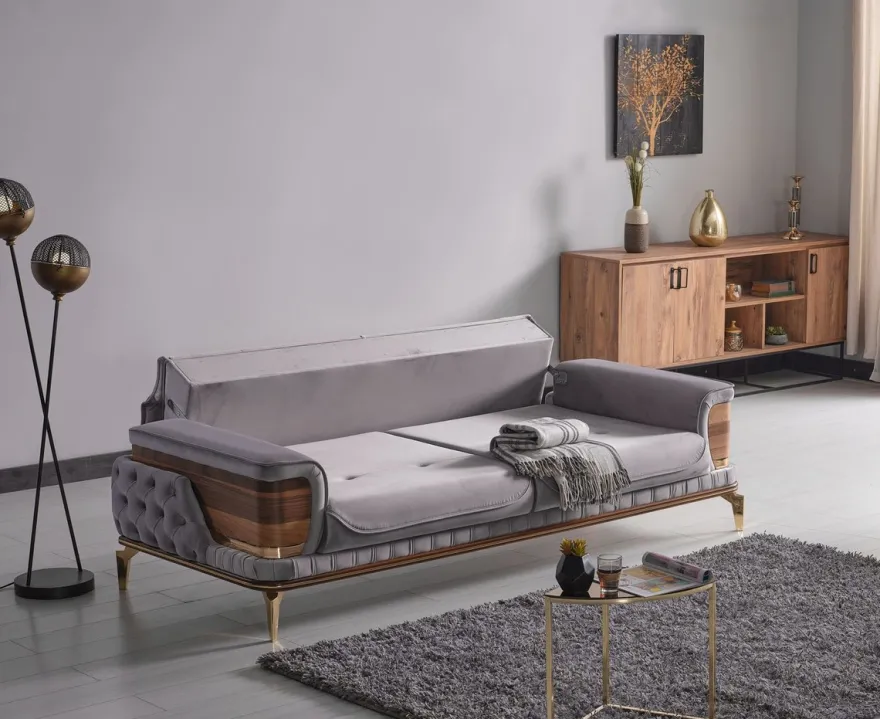 Casa Padrino Luxus Schlafsofa Grau / Braun / Gold 232 x 92 x H. 85 cm - Wohnzimmer Sofa mit 2 Kissen - Luxus Wohnzimmer Möbel