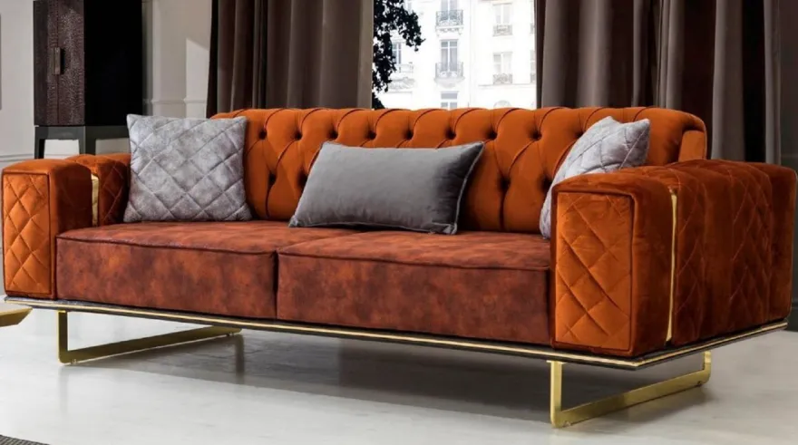 Casa Padrino Luxus Schlafsofa Orange / Gold 230 x 91 x H. 80 cm - Modernes Wohnzimmer Sofa - Wohnzimmer Möbel