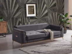 Casa Padrino Luxus Schlafsofa Dunkelgrau / Braun / Gold 228 x 94 x H. 88 cm - Wohnzimmer Sofa mit 3 Kissen - Luxus Wohnzimmer Möbel