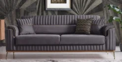 Casa Padrino Luxus Schlafsofa Dunkelgrau / Braun / Gold 228 x 94 x H. 88 cm - Wohnzimmer Sofa mit 3 Kissen - Luxus Wohnzimmer Möbel