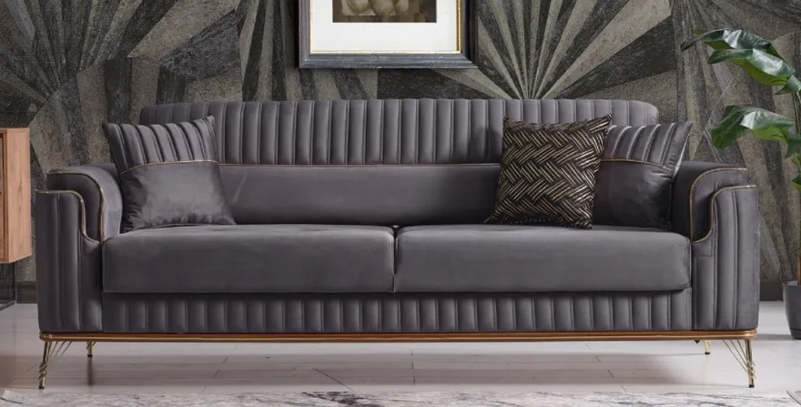 Casa Padrino Luxus Schlafsofa Dunkelgrau / Braun / Gold 228 x 94 x H. 88 cm - Wohnzimmer Sofa mit 3 Kissen - Luxus Wohnzimmer Möbel