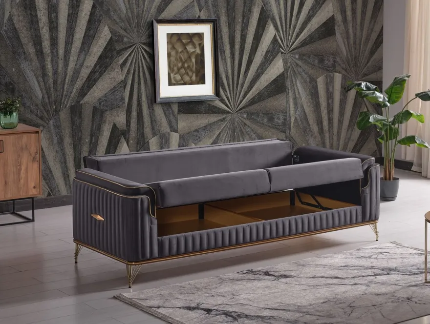 Casa Padrino Luxus Schlafsofa Dunkelgrau / Braun / Gold 228 x 94 x H. 88 cm - Wohnzimmer Sofa mit 3 Kissen - Luxus Wohnzimmer Möbel