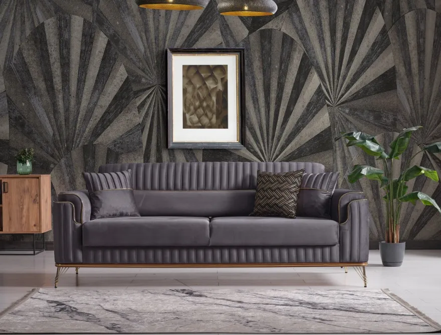 Casa Padrino Luxus Schlafsofa Dunkelgrau / Braun / Gold 228 x 94 x H. 88 cm - Wohnzimmer Sofa mit 3 Kissen - Luxus Wohnzimmer Möbel