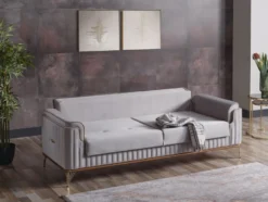 Casa Padrino Luxus Schlafsofa Hellgrau / Braun / Gold 228 x 94 x H. 88 cm - Wohnzimmer Sofa mit 3 Kissen - Luxus Wohnzimmer Möbel