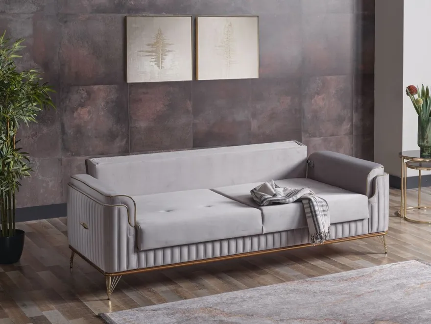 Casa Padrino Luxus Schlafsofa Hellgrau / Braun / Gold 228 x 94 x H. 88 cm - Wohnzimmer Sofa mit 3 Kissen - Luxus Wohnzimmer Möbel