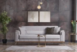Casa Padrino Luxus Schlafsofa Hellgrau / Braun / Gold 228 x 94 x H. 88 cm - Wohnzimmer Sofa mit 3 Kissen - Luxus Wohnzimmer Möbel