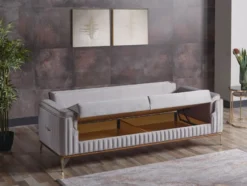 Casa Padrino Luxus Schlafsofa Hellgrau / Braun / Gold 228 x 94 x H. 88 cm - Wohnzimmer Sofa mit 3 Kissen - Luxus Wohnzimmer Möbel