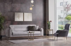 Casa Padrino Luxus Schlafsofa Hellgrau / Braun / Gold 228 x 94 x H. 88 cm - Wohnzimmer Sofa mit 3 Kissen - Luxus Wohnzimmer Möbel