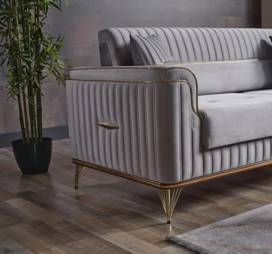 Casa Padrino Luxus Schlafsofa Hellgrau / Braun / Gold 228 x 94 x H. 88 cm - Wohnzimmer Sofa mit 3 Kissen - Luxus Wohnzimmer Möbel