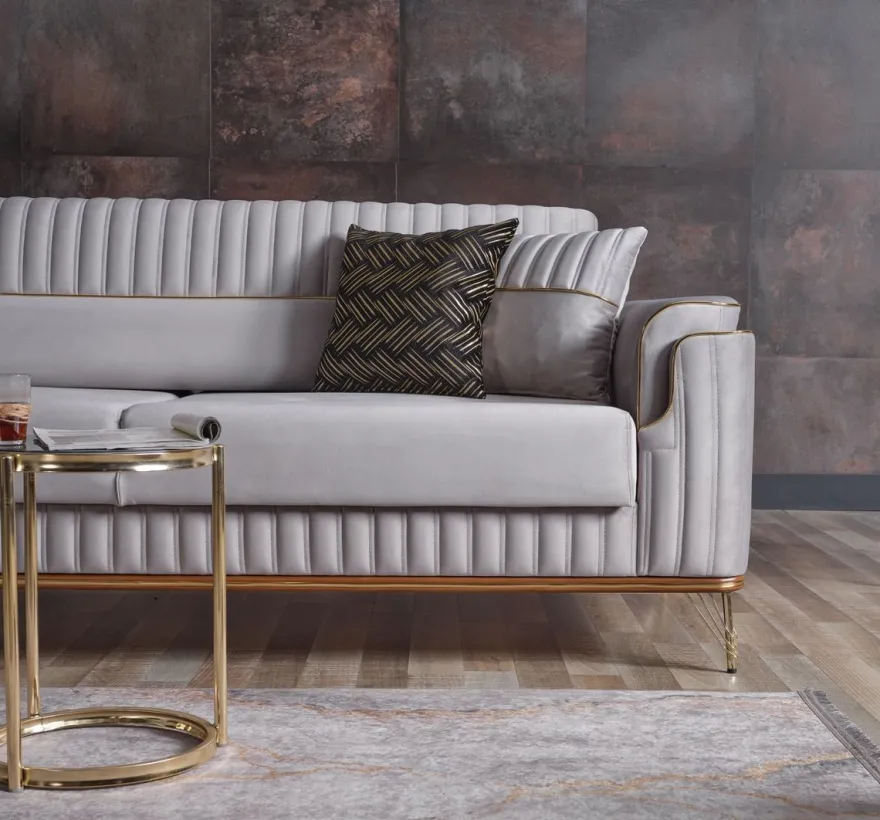 Casa Padrino Luxus Schlafsofa Hellgrau / Braun / Gold 228 x 94 x H. 88 cm - Wohnzimmer Sofa mit 3 Kissen - Luxus Wohnzimmer Möbel