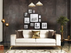 Casa Padrino Luxus Schlafsofa Creme / Braun / Gold 225 x 92 x H. 83 cm - Wohnzimmer Sofa mit 3 Kissen - Luxus Wohnzimmer Möbel