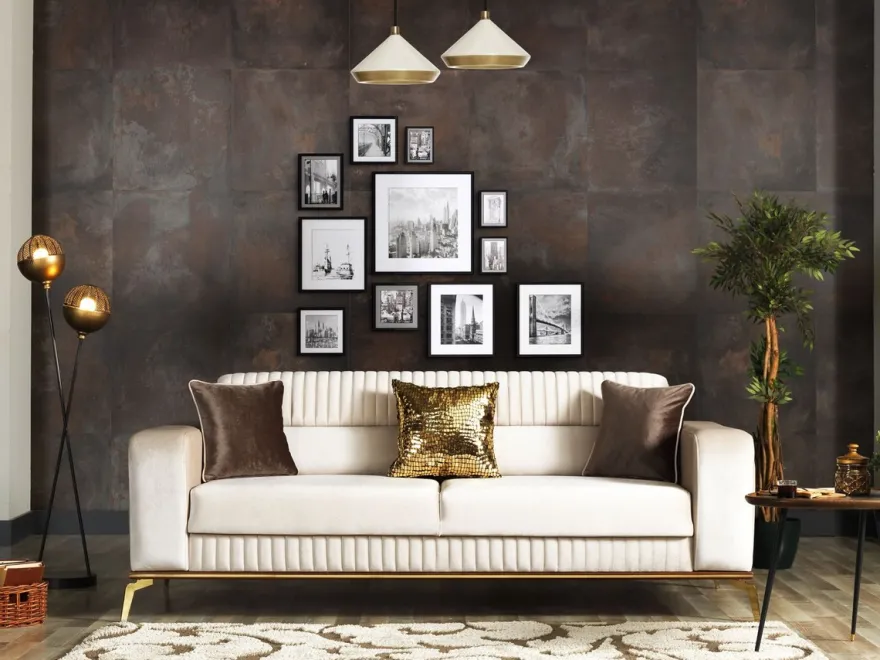 Casa Padrino Luxus Schlafsofa Creme / Braun / Gold 225 x 92 x H. 83 cm - Wohnzimmer Sofa mit 3 Kissen - Luxus Wohnzimmer Möbel