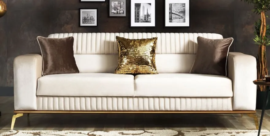 Casa Padrino Luxus Schlafsofa Creme / Braun / Gold 225 x 92 x H. 83 cm - Wohnzimmer Sofa mit 3 Kissen - Luxus Wohnzimmer Möbel