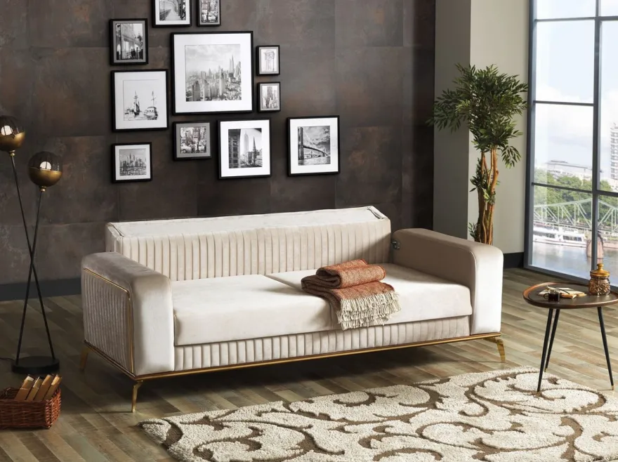 Casa Padrino Luxus Schlafsofa Creme / Braun / Gold 225 x 92 x H. 83 cm - Wohnzimmer Sofa mit 3 Kissen - Luxus Wohnzimmer Möbel