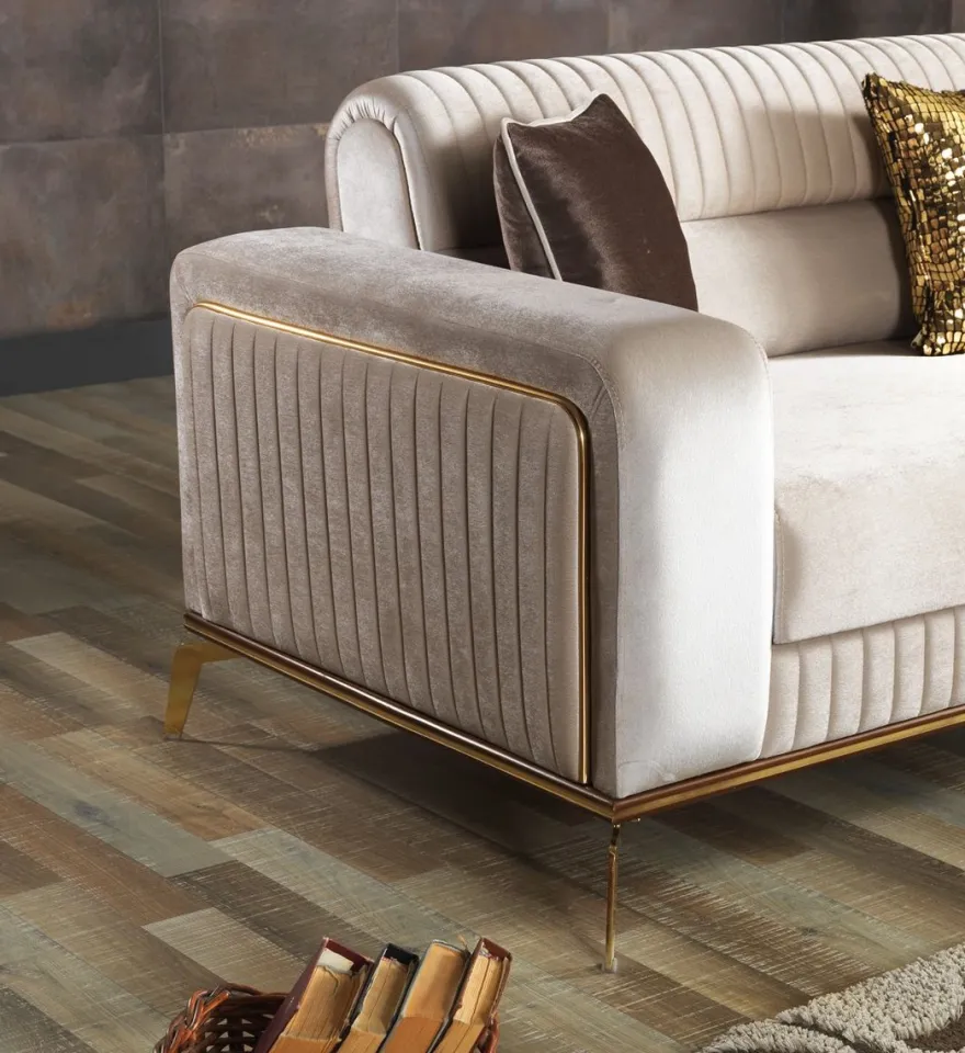 Casa Padrino Luxus Schlafsofa Creme / Braun / Gold 225 x 92 x H. 83 cm - Wohnzimmer Sofa mit 3 Kissen - Luxus Wohnzimmer Möbel
