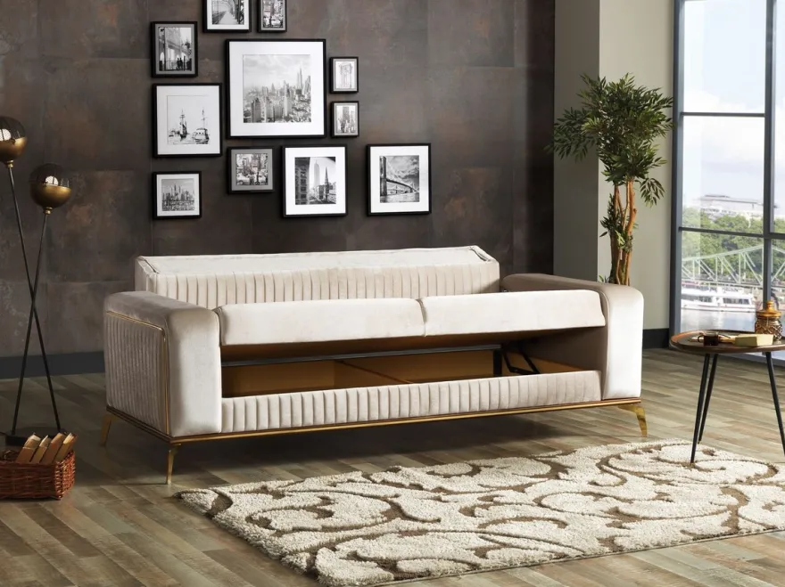 Casa Padrino Luxus Schlafsofa Creme / Braun / Gold 225 x 92 x H. 83 cm - Wohnzimmer Sofa mit 3 Kissen - Luxus Wohnzimmer Möbel