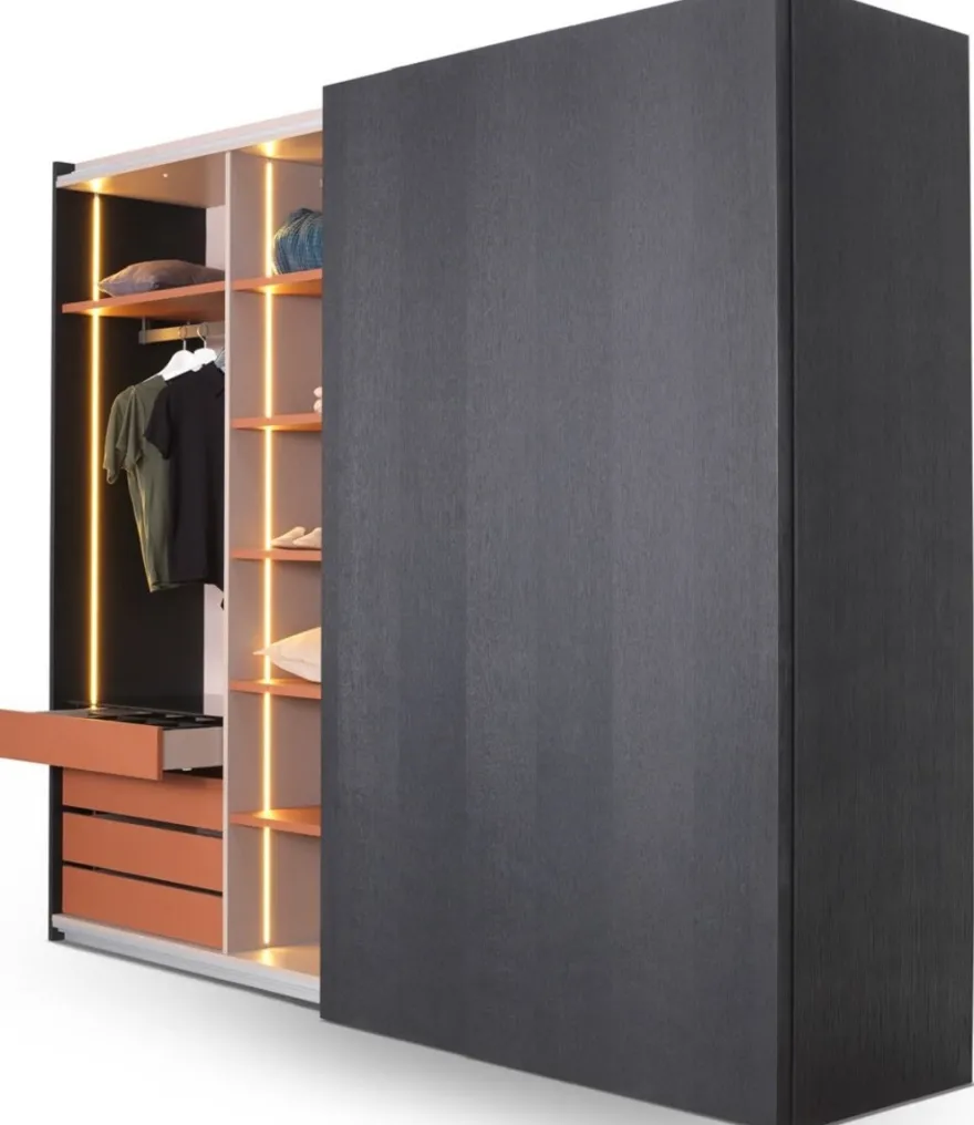 Casa Padrino Luxus Schlafzimmerschrank Schwarz 260 x 70 x H. 228 cm - Beleuchteter Massivholz Kleiderschrank mit 2 Schiebetüren - Schlafzimmer Möbel - Hotel Möbel - Luxus Möbel