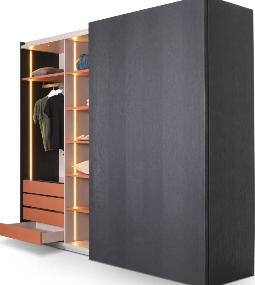 Casa Padrino Luxus Schlafzimmerschrank Schwarz 260 x 70 x H. 228 cm - Beleuchteter Massivholz Kleiderschrank mit 2 Schiebetüren - Schlafzimmer Möbel - Hotel Möbel - Luxus Möbel