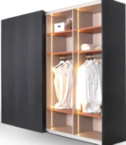 Casa Padrino Luxus Schlafzimmerschrank Schwarz 260 x 70 x H. 228 cm - Beleuchteter Massivholz Kleiderschrank mit 2 Schiebetüren - Schlafzimmer Möbel - Hotel Möbel - Luxus Möbel