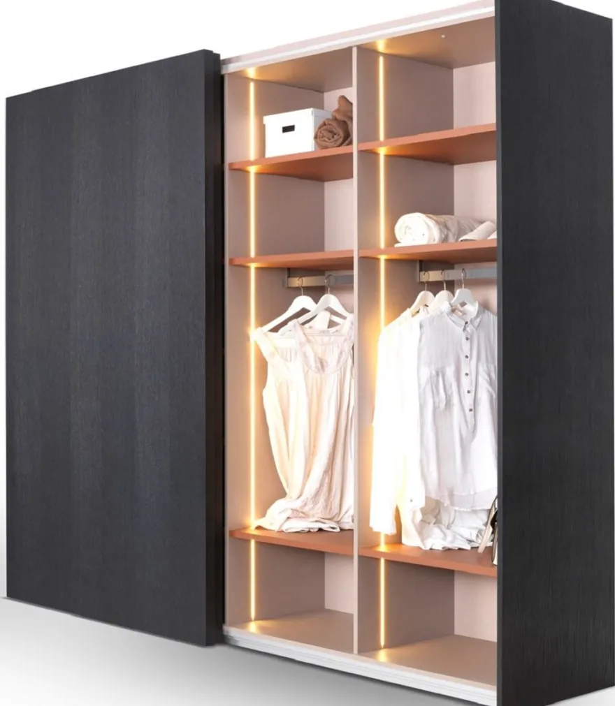Casa Padrino Luxus Schlafzimmerschrank Schwarz 260 x 70 x H. 228 cm - Beleuchteter Massivholz Kleiderschrank mit 2 Schiebetüren - Schlafzimmer Möbel - Hotel Möbel - Luxus Möbel