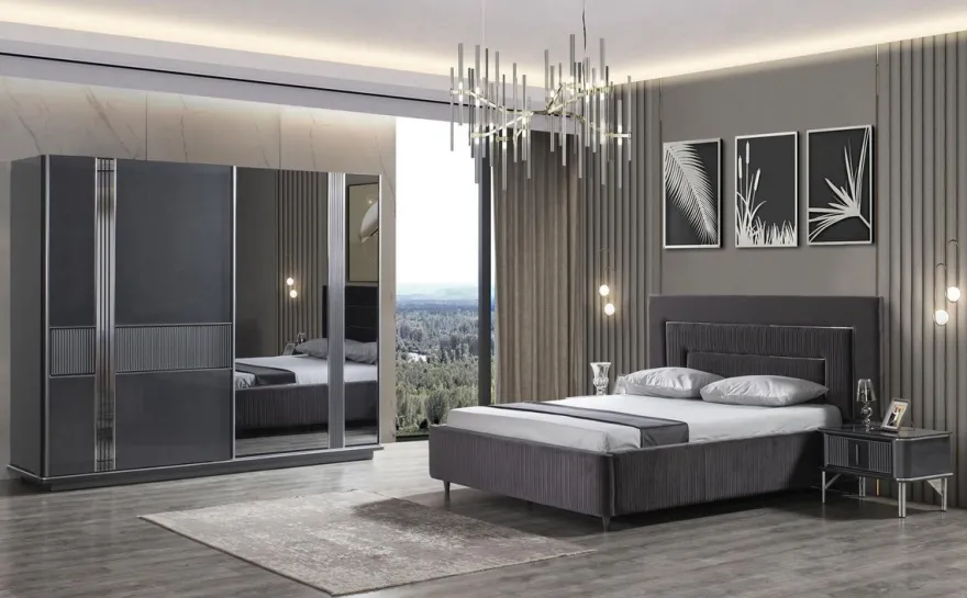 Casa Padrino Luxus Schlafzimmer Set Grau / Silber - 1 Doppelbett mit Kopfteil & 2 Nachttische - Luxus Schlafzimmer Möbel