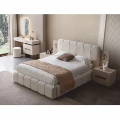 Casa Padrino Luxus Schlafzimmer Set Weiß / Grau - 1 Doppelbett & 2 Nachttische