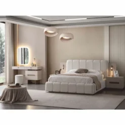 Casa Padrino Luxus Schlafzimmer Set Weiß / Grau - 1 Doppelbett & 2 Nachttische