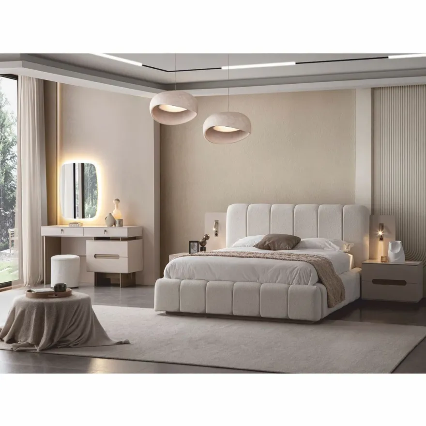 Casa Padrino Luxus Schlafzimmer Set Weiß / Grau - 1 Doppelbett & 2 Nachttische