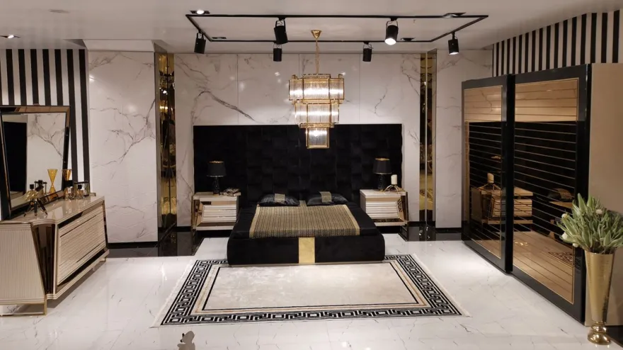 Casa Padrino Luxus Schlafzimmerschrank Beige / Schwarz / Gold - Moderner verspiegelter Kleiderschrank mit 2 Schiebetüren - Luxus Schlafzimmer & Hotel Möbel