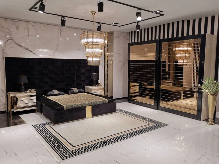 Casa Padrino Luxus Schlafzimmerschrank Beige / Schwarz / Gold - Moderner verspiegelter Kleiderschrank mit 2 Schiebetüren - Luxus Schlafzimmer & Hotel Möbel