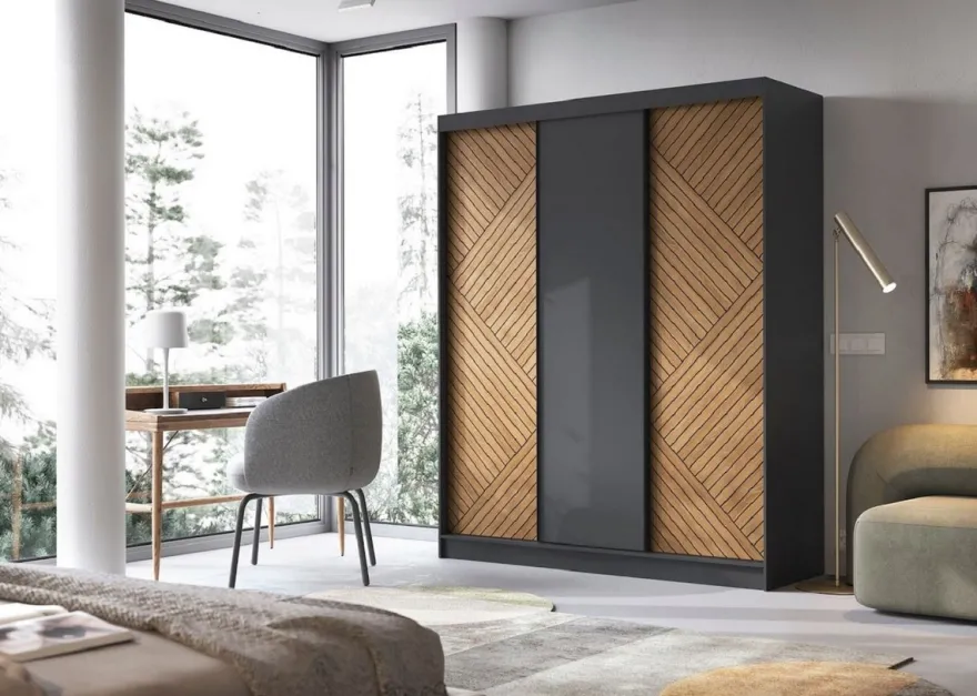 Casa Padrino Luxus Schlafzimmerschrank Schwarz / Braun 180 x 60 x H. 220 cm - Kleiderschrank mit 3 Schiebetüren - Schlafzimmer Möbel - Hotel Möbel - Luxus Möbel
