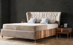 Casa Padrino Luxus Schlafzimmer Set Grau / Braun / Kupfer - 1 Doppelbett mit Kopfteil & 2 Nachtkommoden - Luxus Schlafzimmer Möbel - Luxus Schlafzimmer Einrichtung