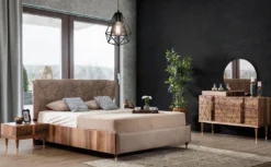 Casa Padrino Luxus Schlafzimmer Set Grau / Braun / Kupfer - 1 Doppelbett mit Kopfteil & 2 Nachtkommoden - Luxus Schlafzimmer Möbel - Luxus Schlafzimmer Einrichtung