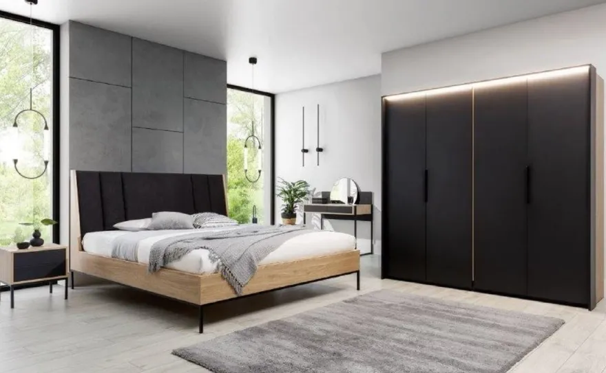 Casa Padrino Luxus Schlafzimmerschrank Schwarz / Naturfarben - Massivholz Kleiderschrank mit 2 Türen - Schlafzimmer Möbel - Hotel Möbel - Luxus Möbel - Luxus Einrichtung