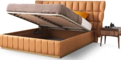 Casa Padrino Luxus Schlafzimmer Set Hellbraun / Braun - 1 Doppelbett mit Kopfteil & 2 Nachtkommoden - Luxus Schlafzimmer Möbel - Luxus Schlafzimmer Einrichtung