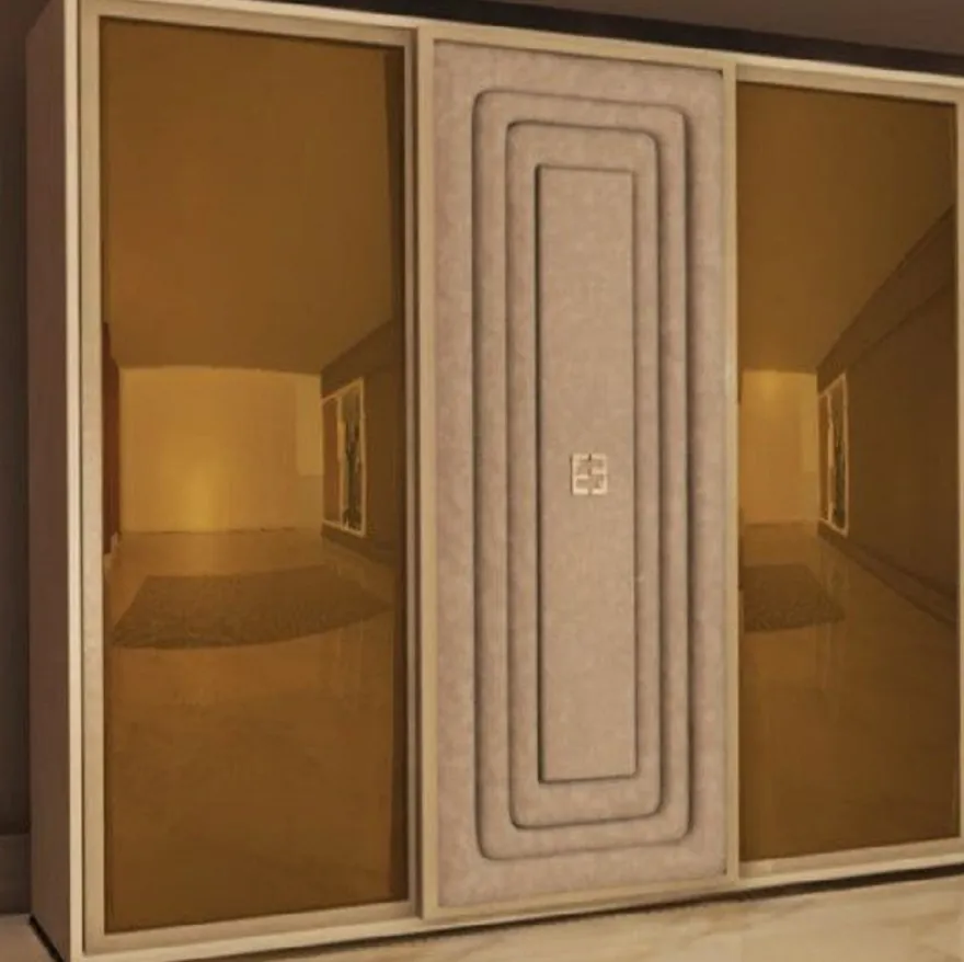 Casa Padrino Luxus Schlafzimmerschrank Beige / Taupe / Gold - Massivholz Kleiderschrank mit 3 Schiebetüren - Schlafzimmer Möbel - Hotel Möbel - Luxus Möbel - Luxus Qualität - Made in Italy