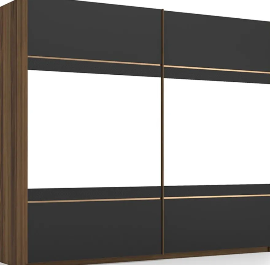 Casa Padrino Luxus Schlafzimmerschrank Braun / Grau / Messingfarben 254 x 68 x H. 230 cm - Edler Massivholz Kleiderschrank mit 2 verspiegelten Schiebetüren - Luxus Schlafzimmer Möbel
