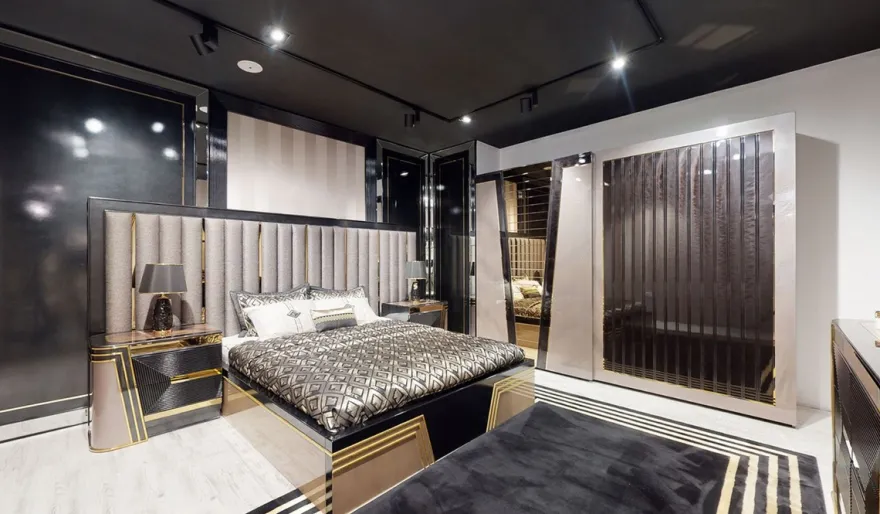 Casa Padrino Luxus Schlafzimmerschrank Grau / Schwarz / Gold - Moderner verspiegelter Kleiderschrank mit 2 Schiebetüren - Luxus Schlafzimmer & Hotel Möbel