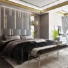 Casa Padrino Luxus Schlafzimmer Set Grau / Gold / Silber - 1 Doppelbett mit Kopfteil & 2 Nachtkommoden - Luxus Schlafzimmer Möbel - Hotel Möbel - Luxus Einrichtung - Hotel Einrichtung