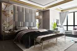 Casa Padrino Luxus Schlafzimmer Set Grau / Gold / Silber - 1 Doppelbett mit Kopfteil & 2 Nachtkommoden - Luxus Schlafzimmer Möbel - Hotel Möbel - Luxus Einrichtung - Hotel Einrichtung