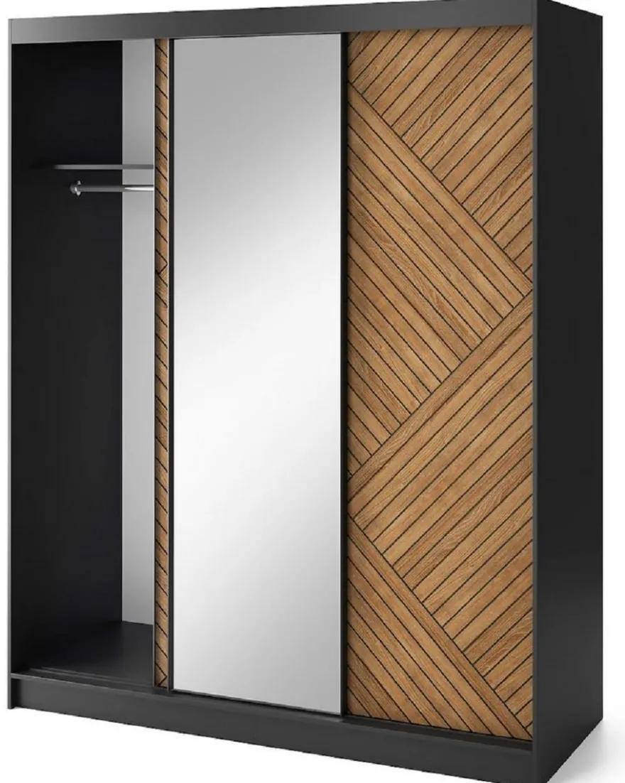 Casa Padrino Luxus Schlafzimmerschrank Schwarz / Braun 180 x 60 x H. 220 cm - Verspiegelter Kleiderschrank mit 3 Schiebetüren - Schlafzimmer Möbel - Hotel Möbel - Luxus Möbel