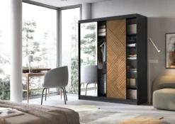 Casa Padrino Luxus Schlafzimmerschrank Schwarz / Braun 180 x 60 x H. 220 cm - Verspiegelter Kleiderschrank mit 3 Schiebetüren - Schlafzimmer Möbel - Hotel Möbel - Luxus Möbel