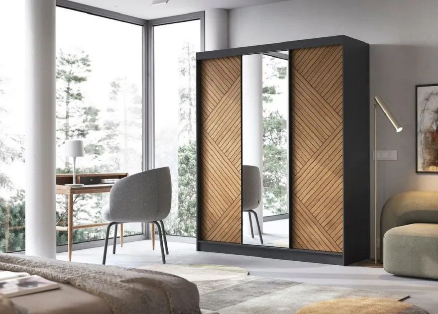 Casa Padrino Luxus Schlafzimmerschrank Schwarz / Braun 180 x 60 x H. 220 cm - Verspiegelter Kleiderschrank mit 3 Schiebetüren - Schlafzimmer Möbel - Hotel Möbel - Luxus Möbel
