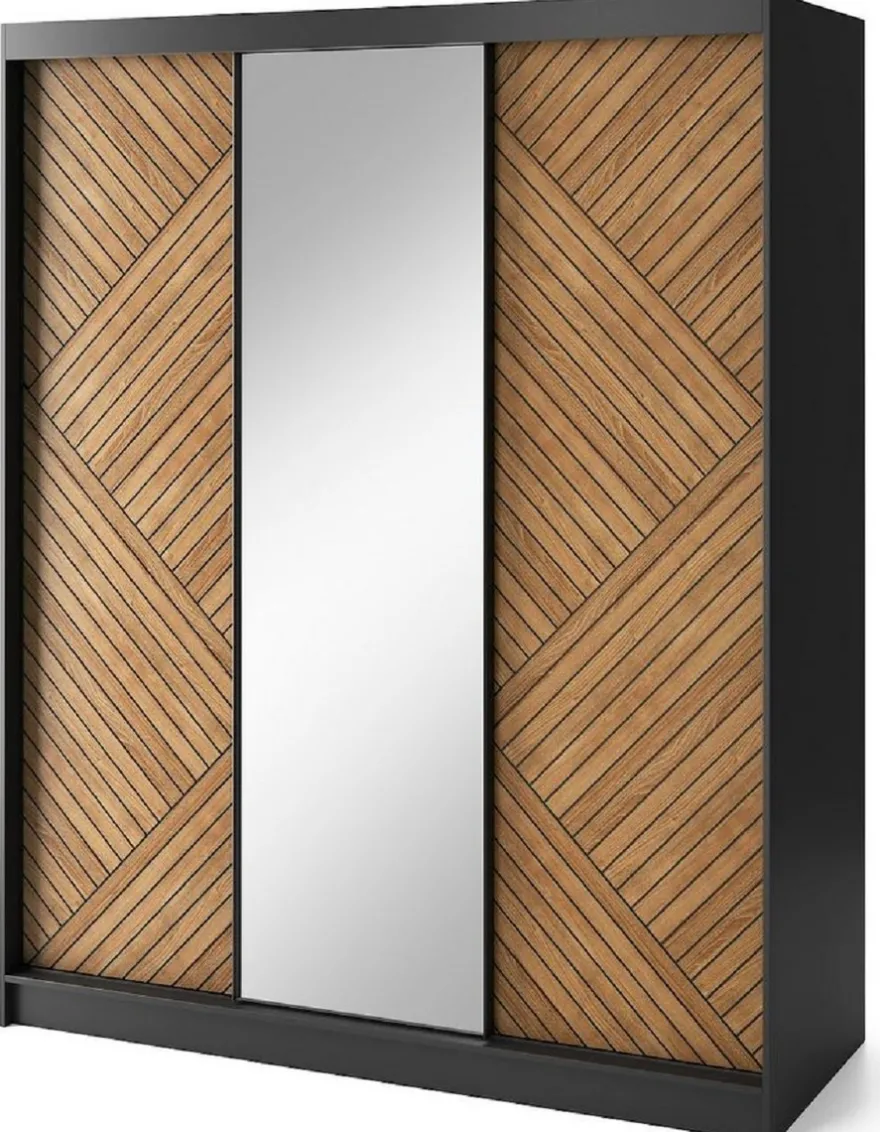 Casa Padrino Luxus Schlafzimmerschrank Schwarz / Braun 180 x 60 x H. 220 cm - Verspiegelter Kleiderschrank mit 3 Schiebetüren - Schlafzimmer Möbel - Hotel Möbel - Luxus Möbel