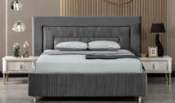 Casa Padrino Luxus Schlafzimmer Set Grau / Weiß / Gold - 1 Doppelbett mit Kopfteil & 2 Nachttische - Schlafzimmer Möbel - Luxus Kollektion