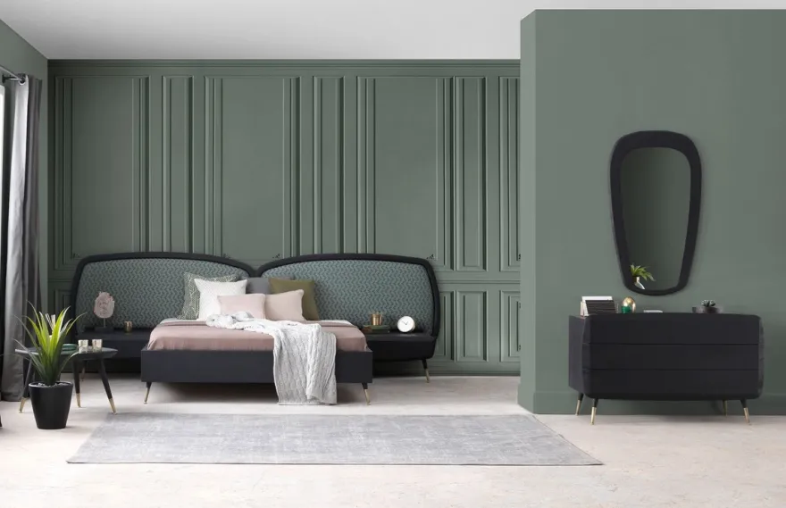 Casa Padrino Luxus Schlafzimmer Set Grün / Schwarz / Antik Messing - 1 Doppelbett mit Kopfteil & 2 Nachtkommoden - Luxus Schlafzimmer Möbel - Luxus Schlafzimmer Einrichtung