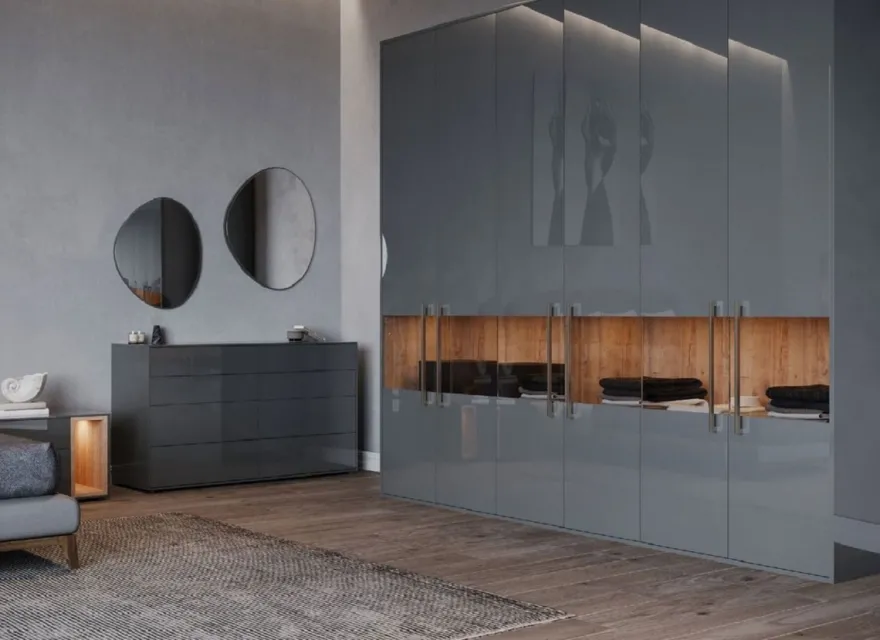 Casa Padrino Luxus Schlafzimmerschrank Grau / Naturfarben 275 x 59,6 x H. 244 cm - Massivholz Kleiderschrank mit 6 Türen - Schlafzimmer Möbel - Hotel Möbel - Luxus Möbel