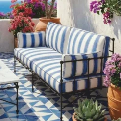 Casa Padrino Luxus Schmiedeeisen Sofa Blau / Weiß / Schwarz 245 cm - Hotel & Garten Sofa