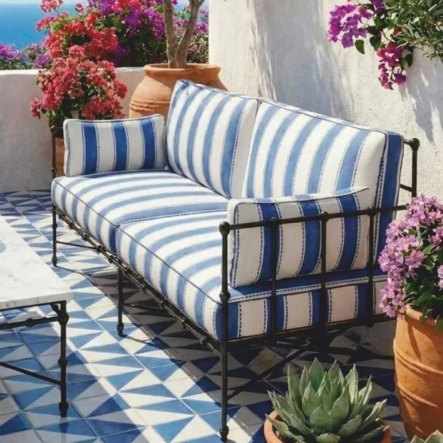 Casa Padrino Luxus Schmiedeeisen Sofa Blau / Weiß / Schwarz 245 cm - Hotel & Garten Sofa